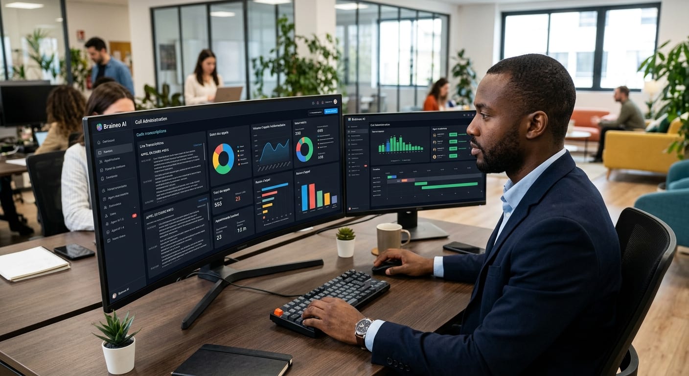Vue d'ensemble de la console d'administration montrant les statistiques des appels téléphoniques et les transcriptions en direct