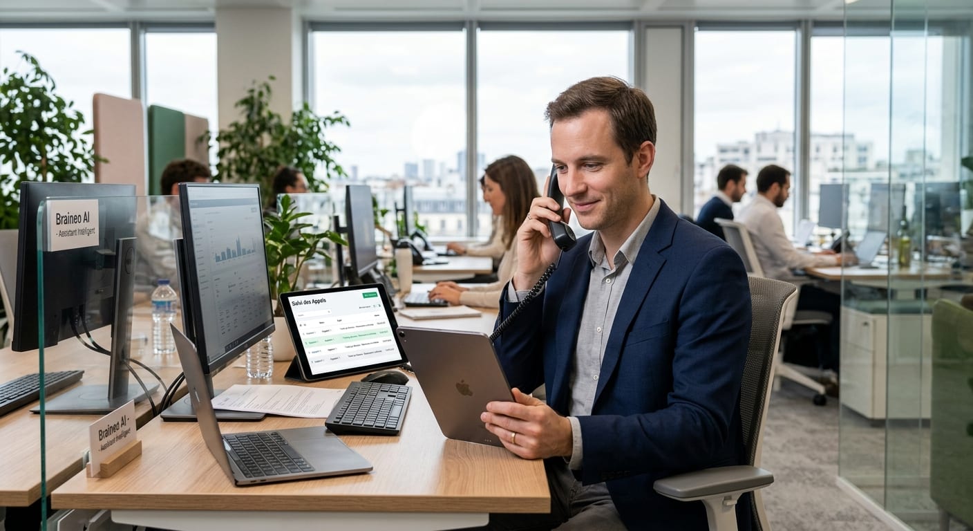 Bureau d'entreprise moderne avec un collaborateur serein utilisant un téléphone standard et consultant une tablette de suivi d'appels